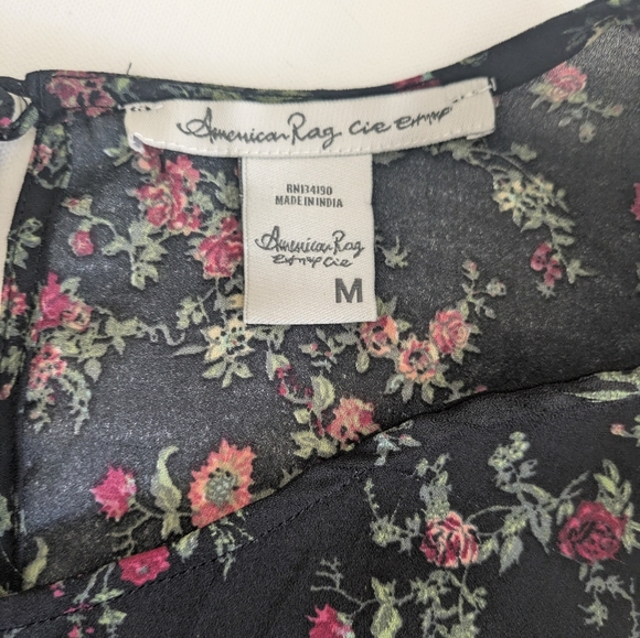 American Rag black floral print long sleeve drawstring waist romper size M EUC - Picture 8 of 10